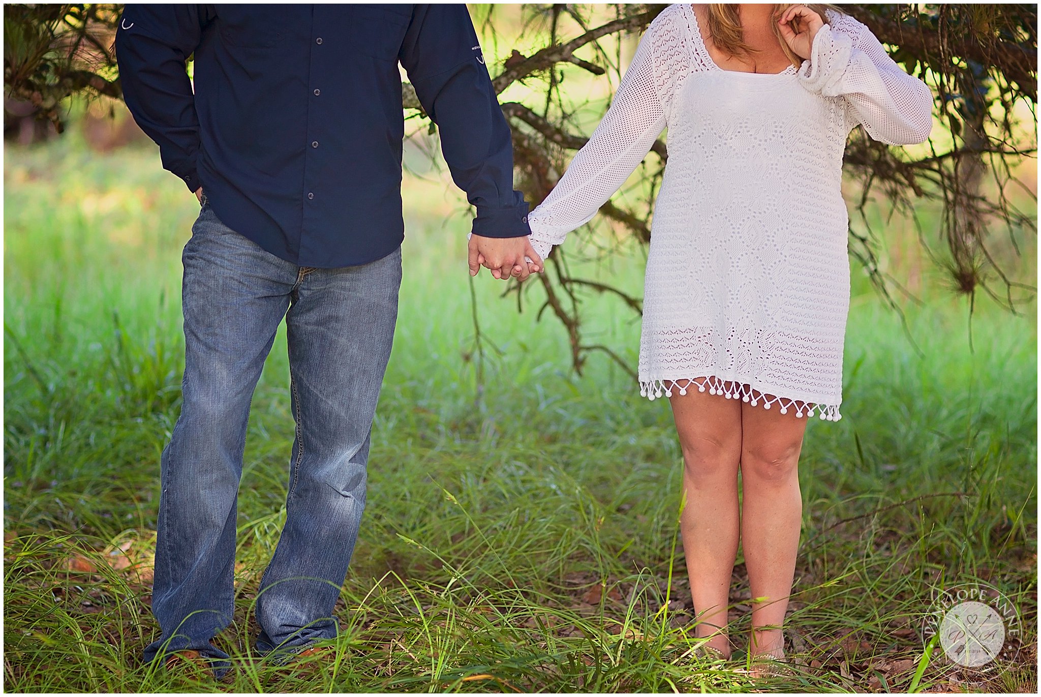 Bride and groom holding hands at Moss Park Engagement Session
