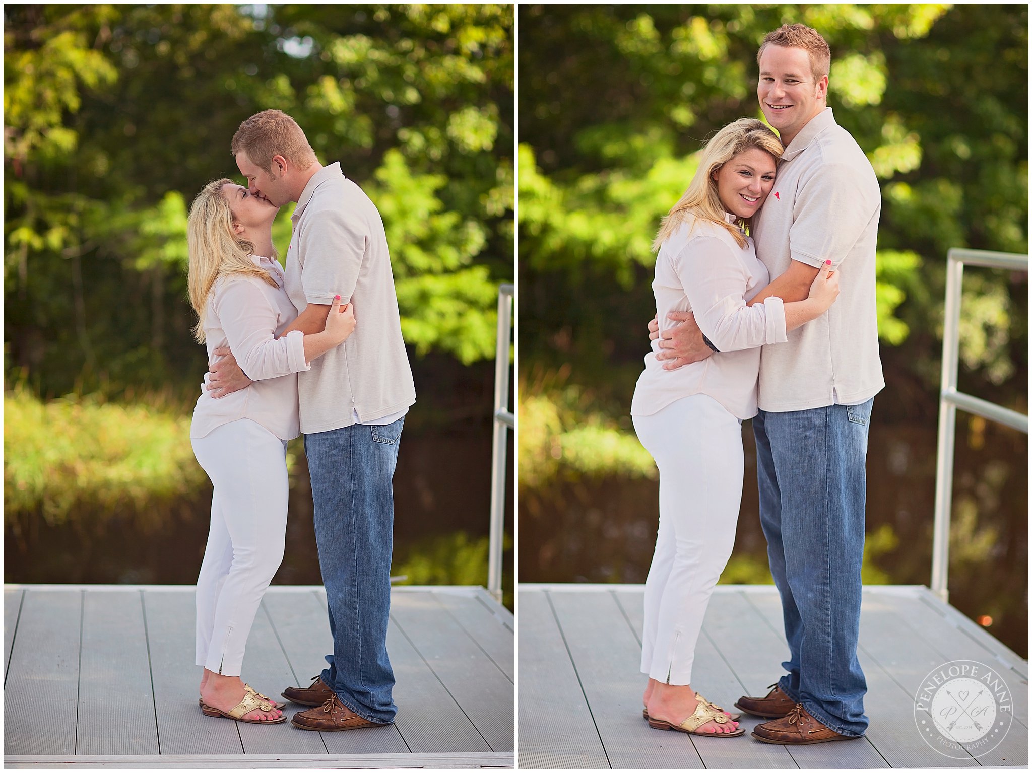 Bride and groom on deck at moss park engagement session