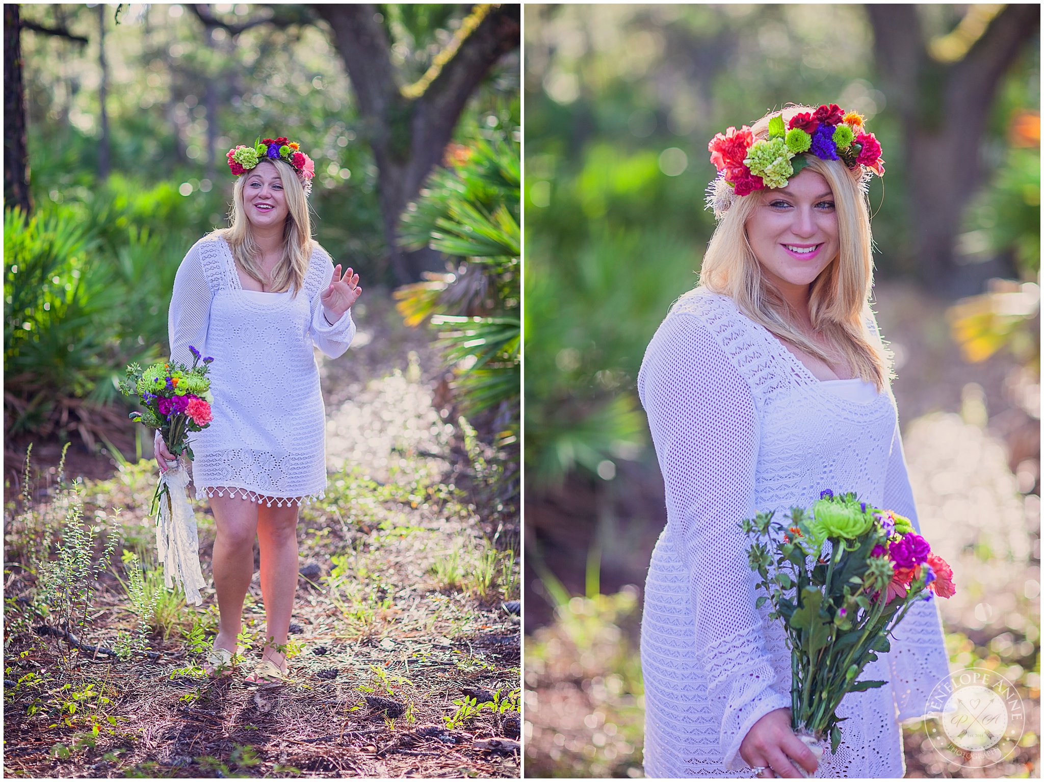 Bride laughing while wearing flower crown at Moss Park Engagement Session
