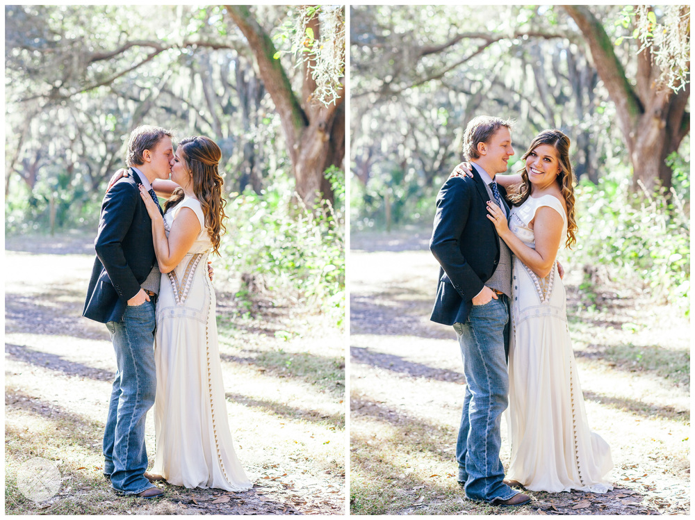 Bride and groom embracing each other with a kiss.