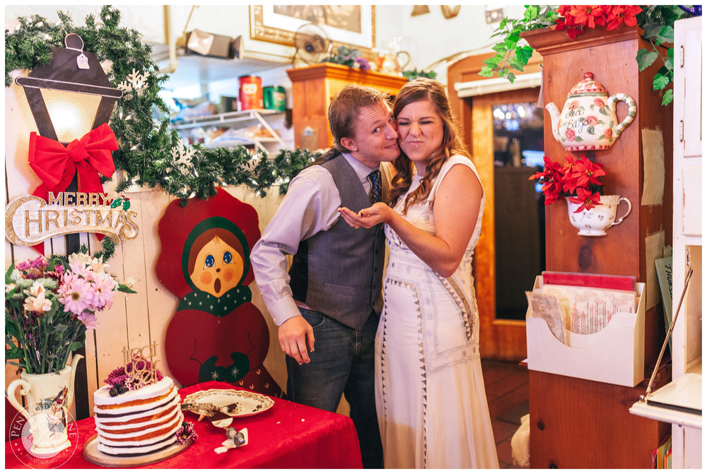 Some laughter after bride and groom fed each other wedding cake.