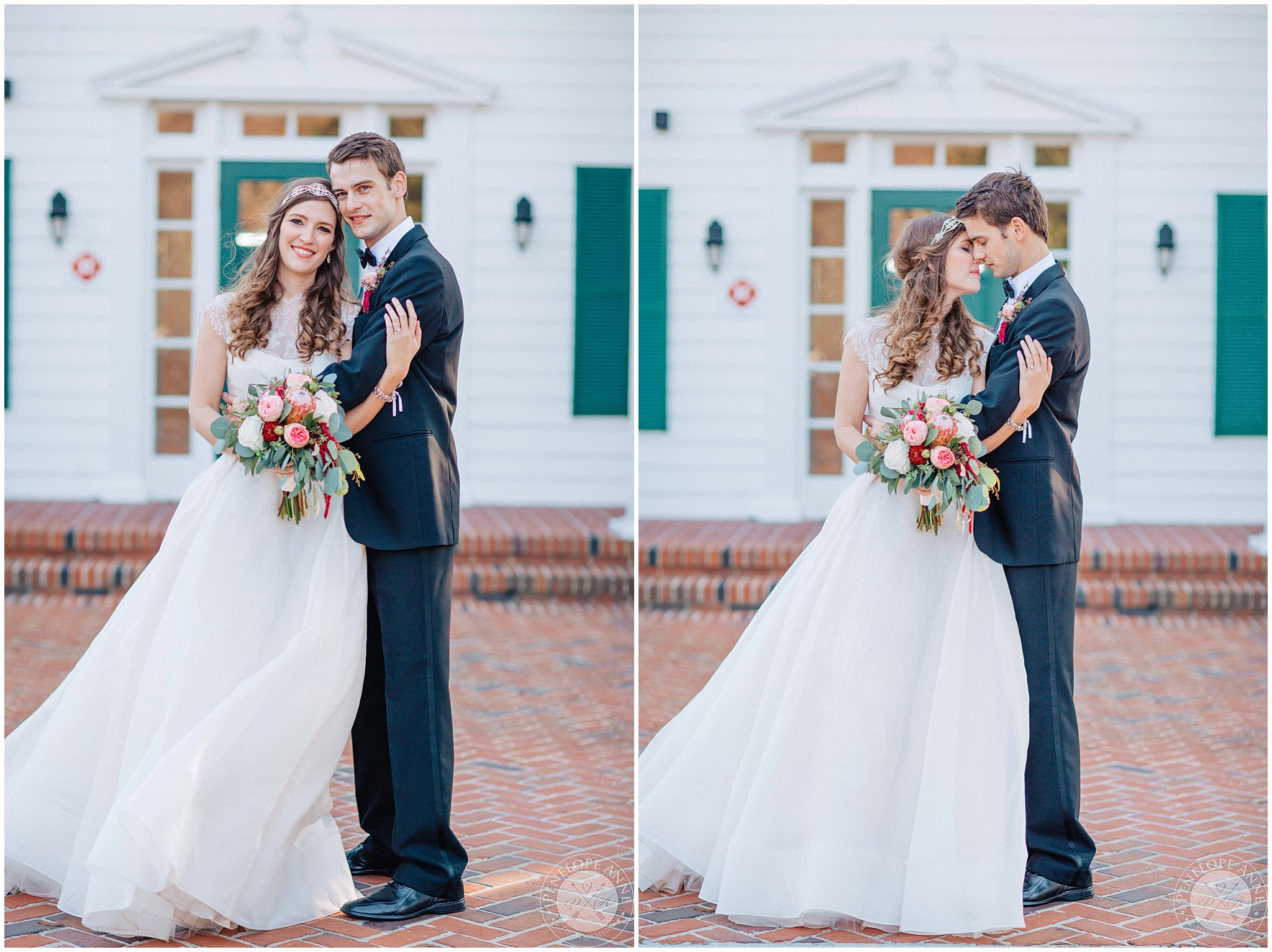 Bride and groom hugging in front of cypress grove estate house