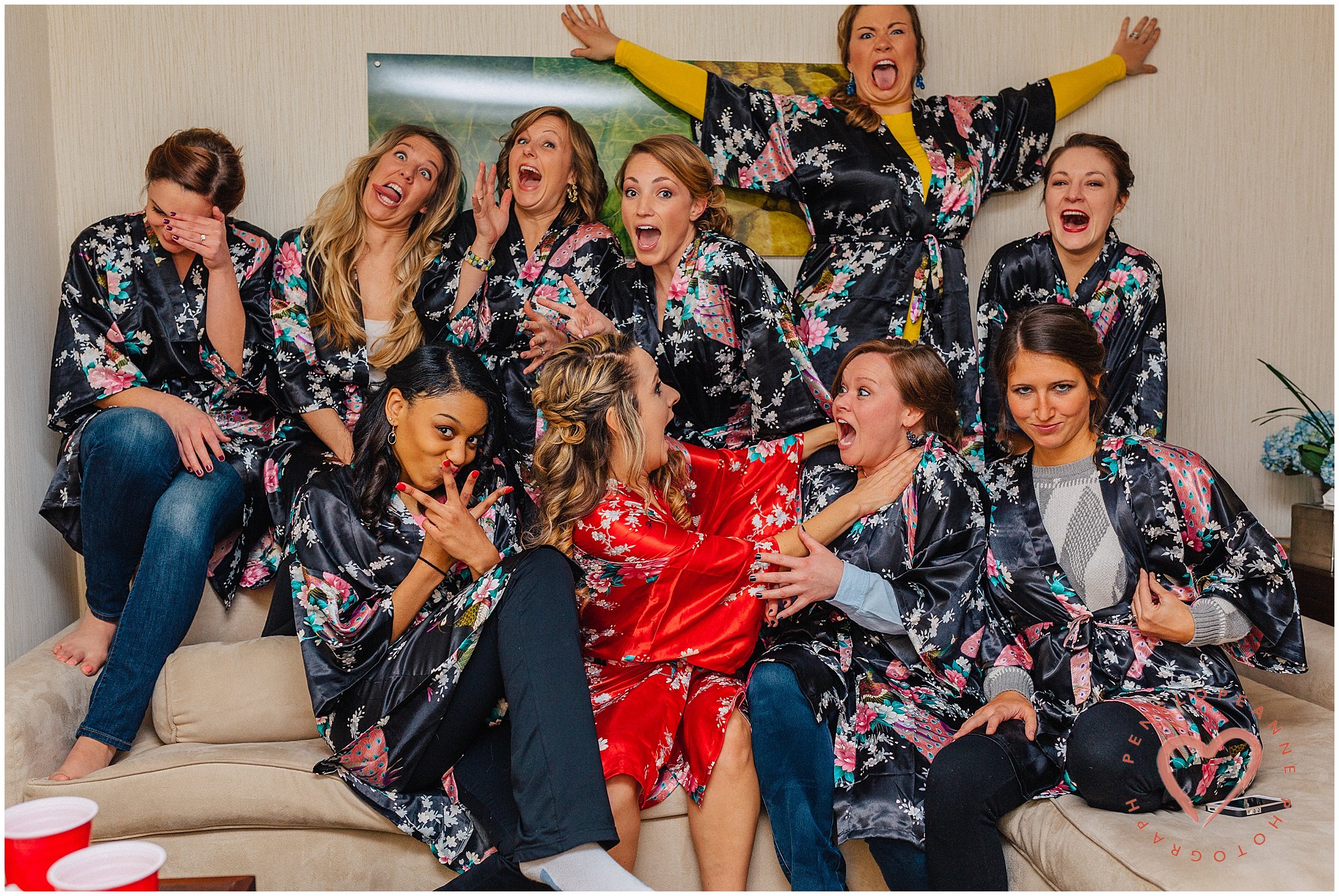 bridesmaids having fun in their kimono robes